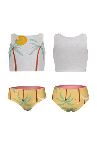 Swimsuit top and bottom with palm tree design on a white background