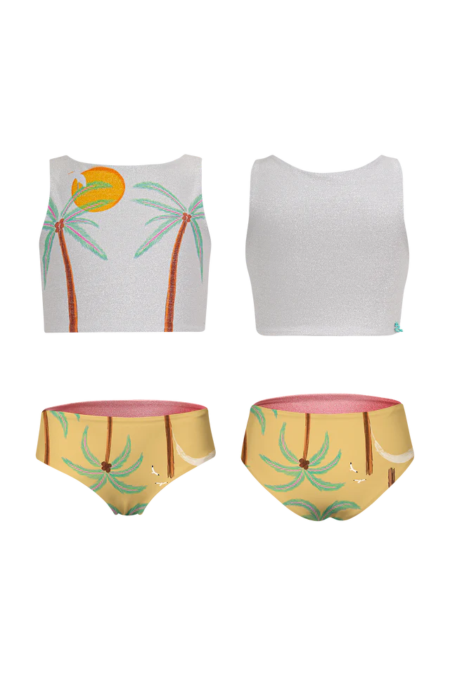 Swimsuit top and bottom with palm tree design on a white background