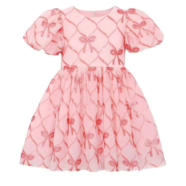 A pink girls' dress with short puff sleeves and a gathered skirt, featuring a repeating shiny bow and diamond lattice pattern.