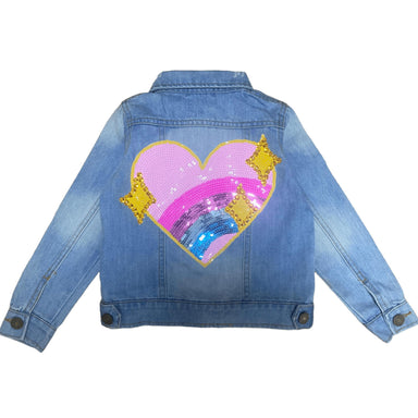 back view of denim jacket with sequin sparkle rainbow heart design