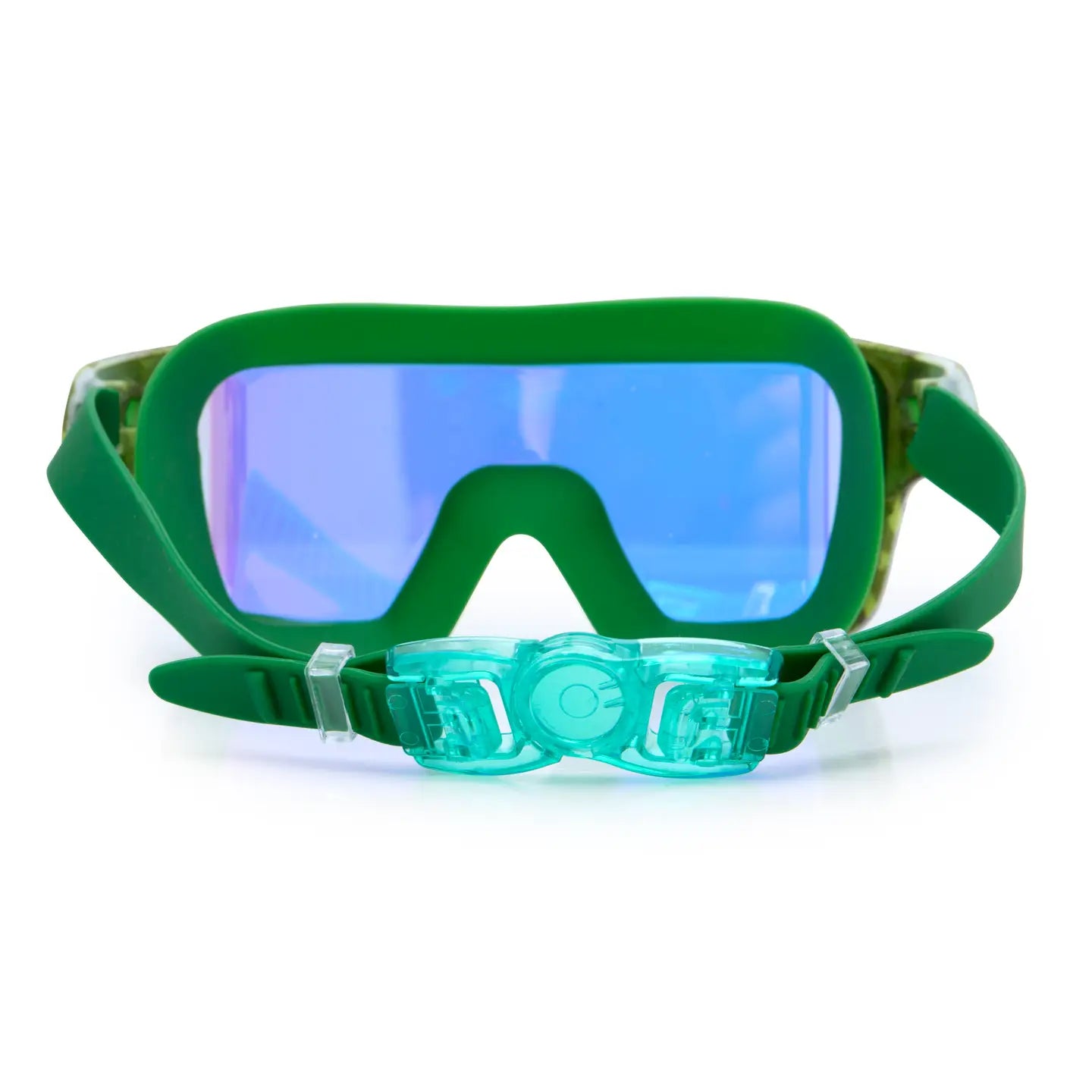 Green goggles with blue lenses on a white background