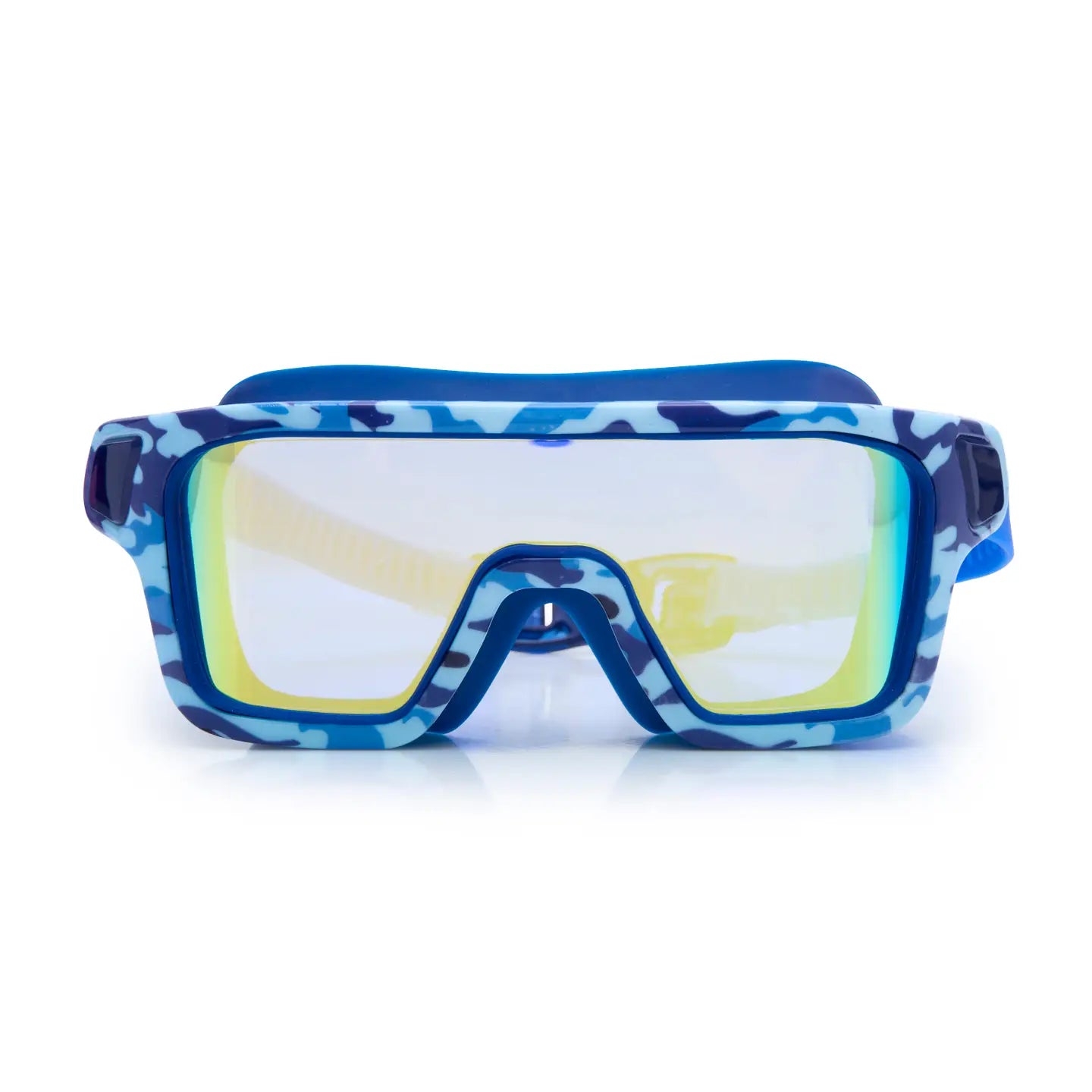 Blue and white patterned goggles with clear lenses on a white background