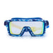 Blue and white patterned goggles with clear lenses on a white background