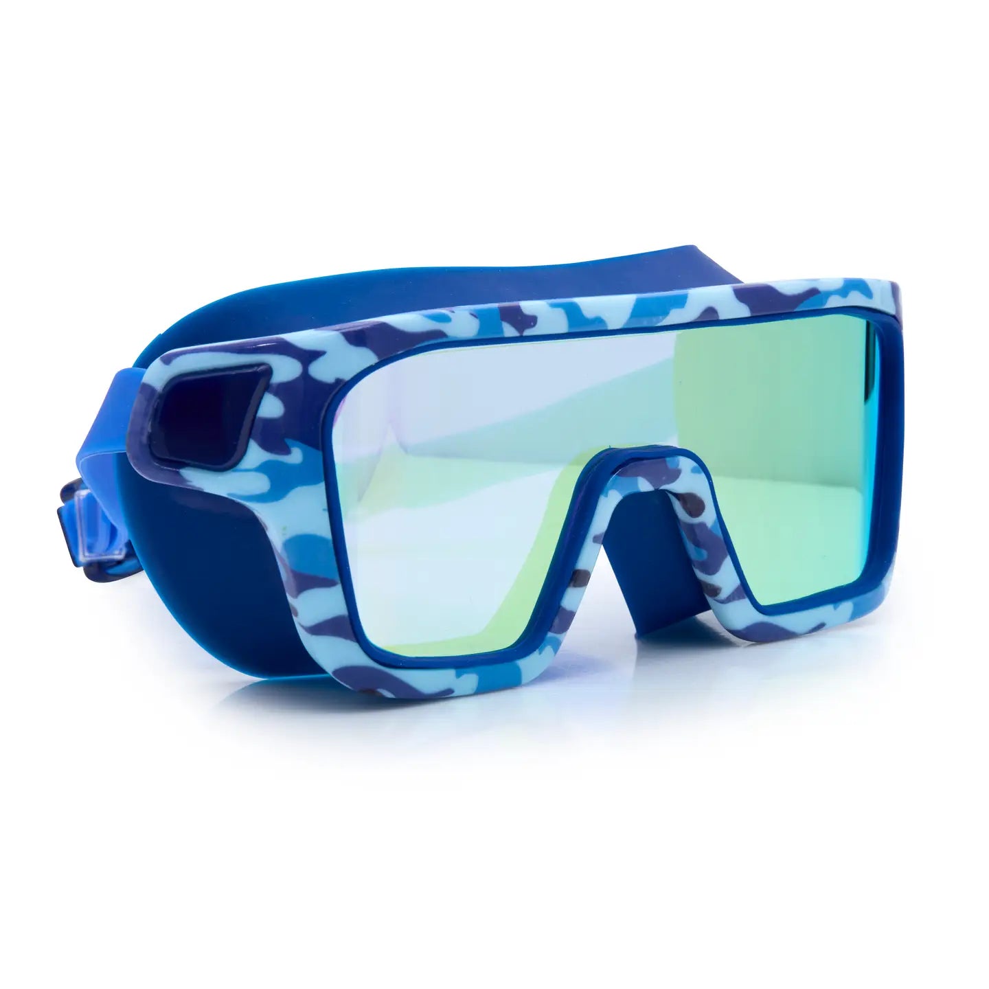 Blue and white camouflage goggles with green lenses on a white background