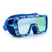 Blue and white camouflage goggles with green lenses on a white background