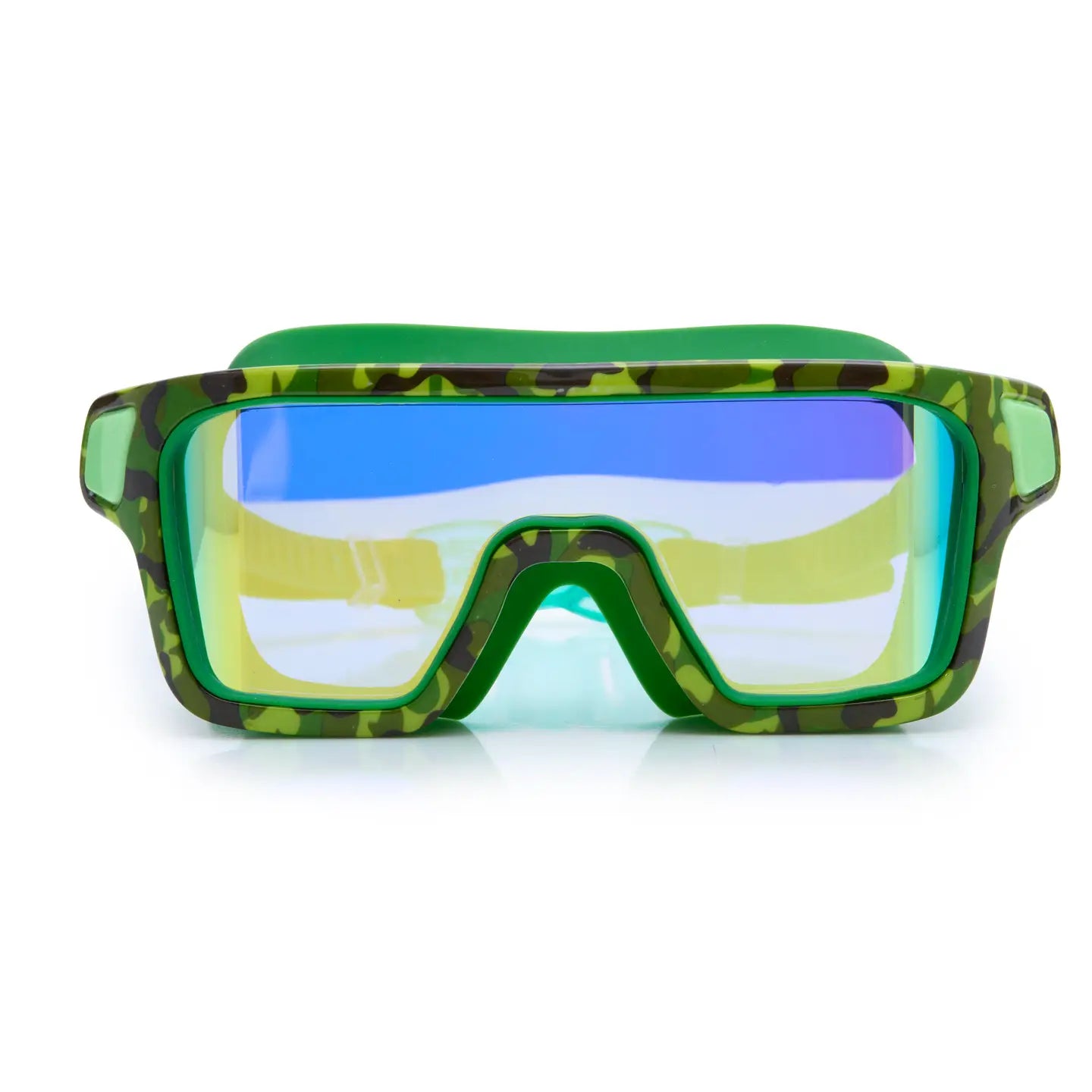 Green camouflage goggles with reflective lenses on a white background