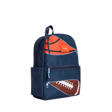 Side view of a Sports Rodgers Backpack with a partial basketball and football on the front.