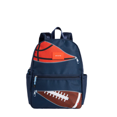 Navy Sports Kane Backpack with a partial basketball and football on the front