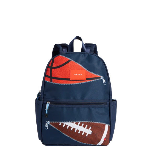 Navy Sports Kane Backpack with a partial basketball and football on the front