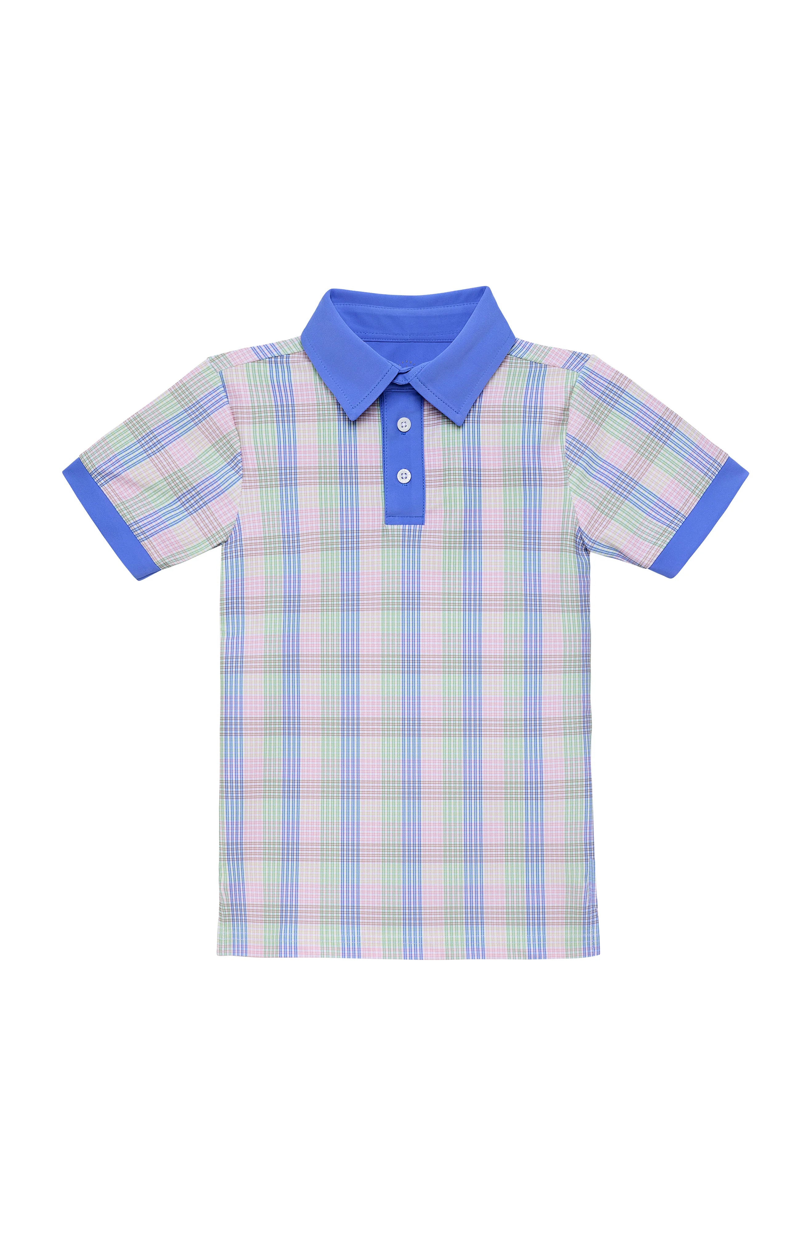 Plaid shirt with blue collar and trim on a white background