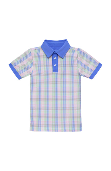 Plaid shirt with blue collar and trim on a white background