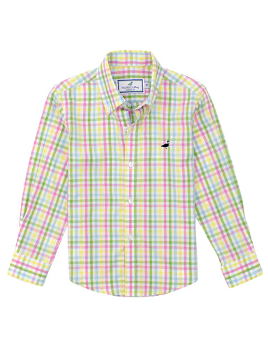 Pastel checkered shirt with a small logo on a white background