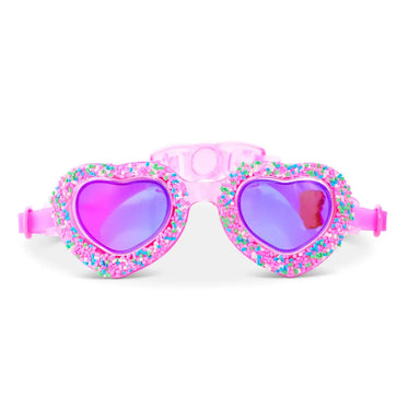 Heart-shaped swim goggles with pink frame and purple lenses on a white background