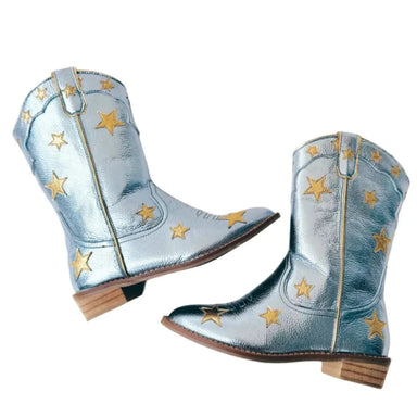 Pair of metallic blue cowboy boots with gold stars on a white background