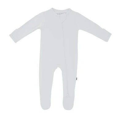 Grey baby onesie with a zipper on a white background
