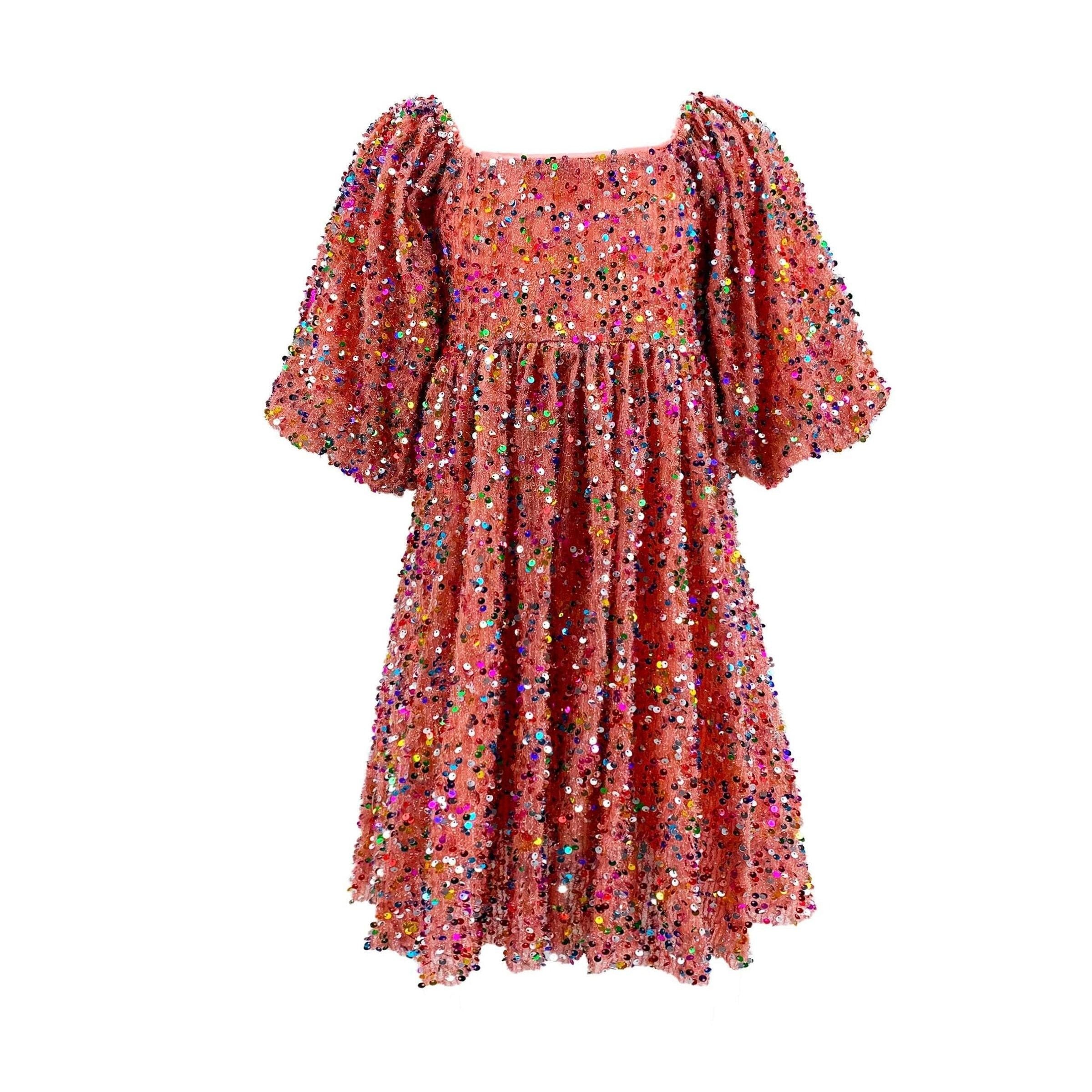 pink puff sleeve dress covered in multicolor sequins