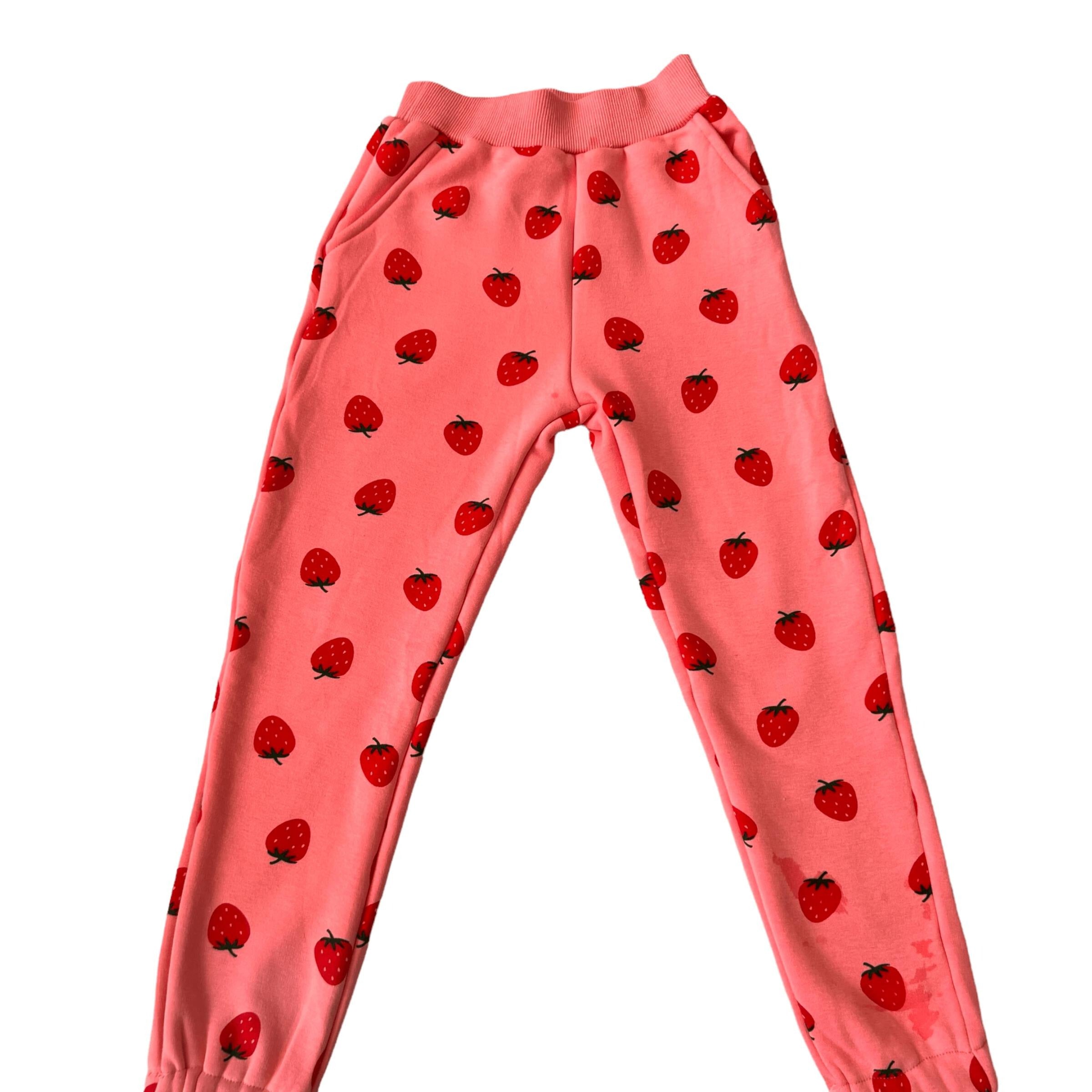 pink joggers with strawberry print