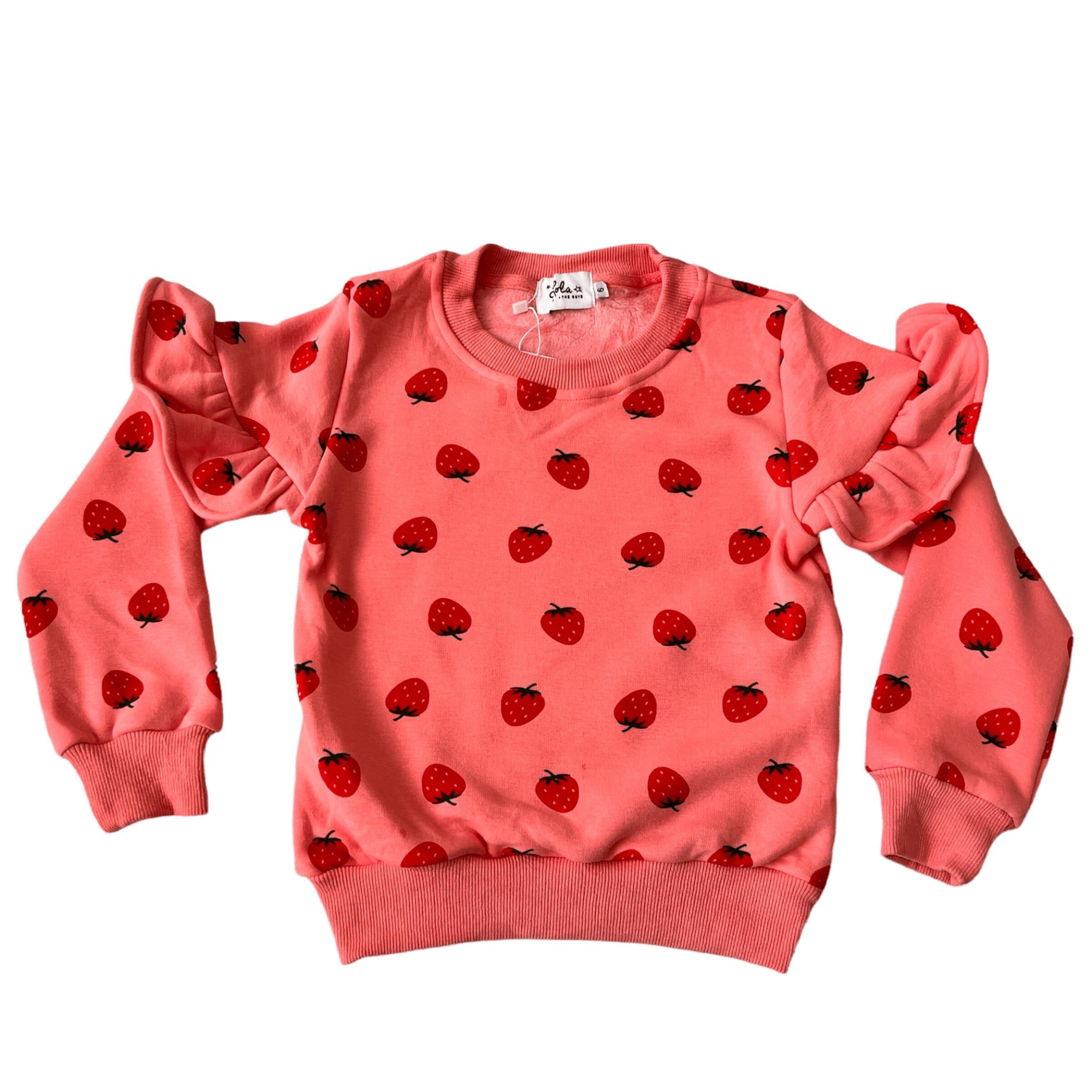 pink ruffle long sleeve sweatshirt with strawberry print