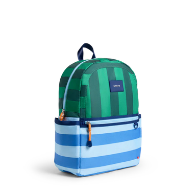 Side view of  blue and green Stripe Kane Backpack
