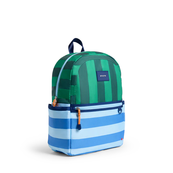 Side view of  blue and green Stripe Kane Backpack