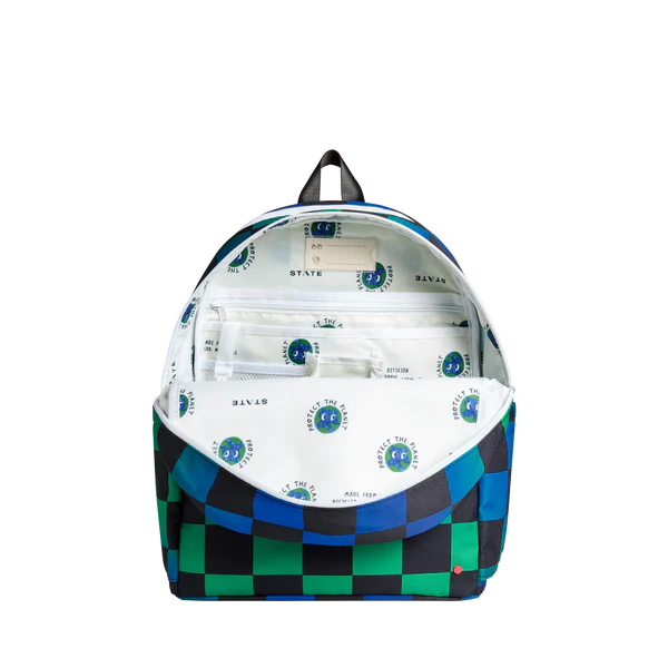 Inside view of a blue and green Stripe Kane Backpack