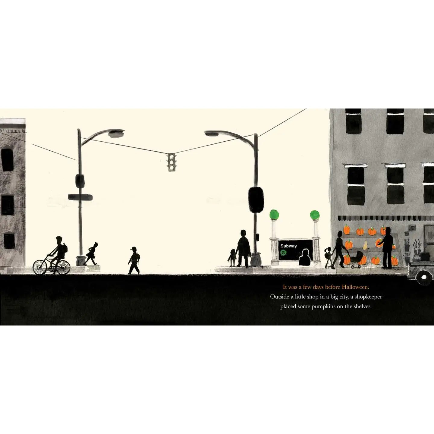 Illustration of a city street scene with people and pumpkins, likely from a children's book.