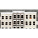 Model of a building with windows and a clock face on a white background