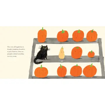 Illustration of a cat looking at pumpkins on a shelf with a neutral background