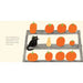 Illustration of a cat looking at pumpkins on a shelf with a neutral background