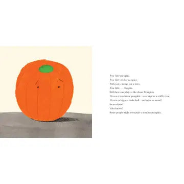 Illustration of a round, orange character with a green spot on a plain background