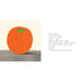Illustration of a round, orange character with a green spot on a plain background