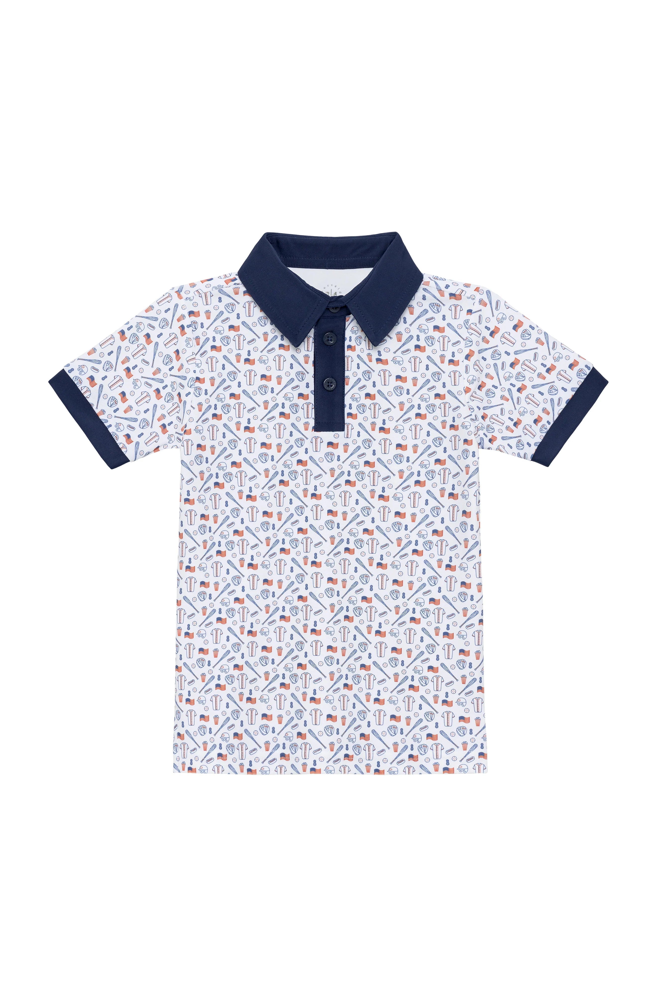 Patterned polo shirt with navy collar on a white background