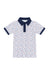 Patterned polo shirt with navy collar on a white background