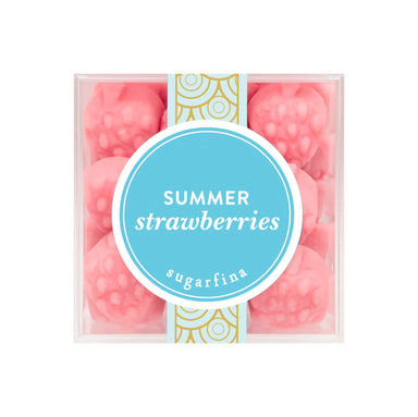 Box of pink gummy candies labeled 'Summer Strawberries' by Sugarfina on a white background