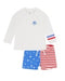 Children's rashguard set with long-sleeve shirt and swim trunks on a white background