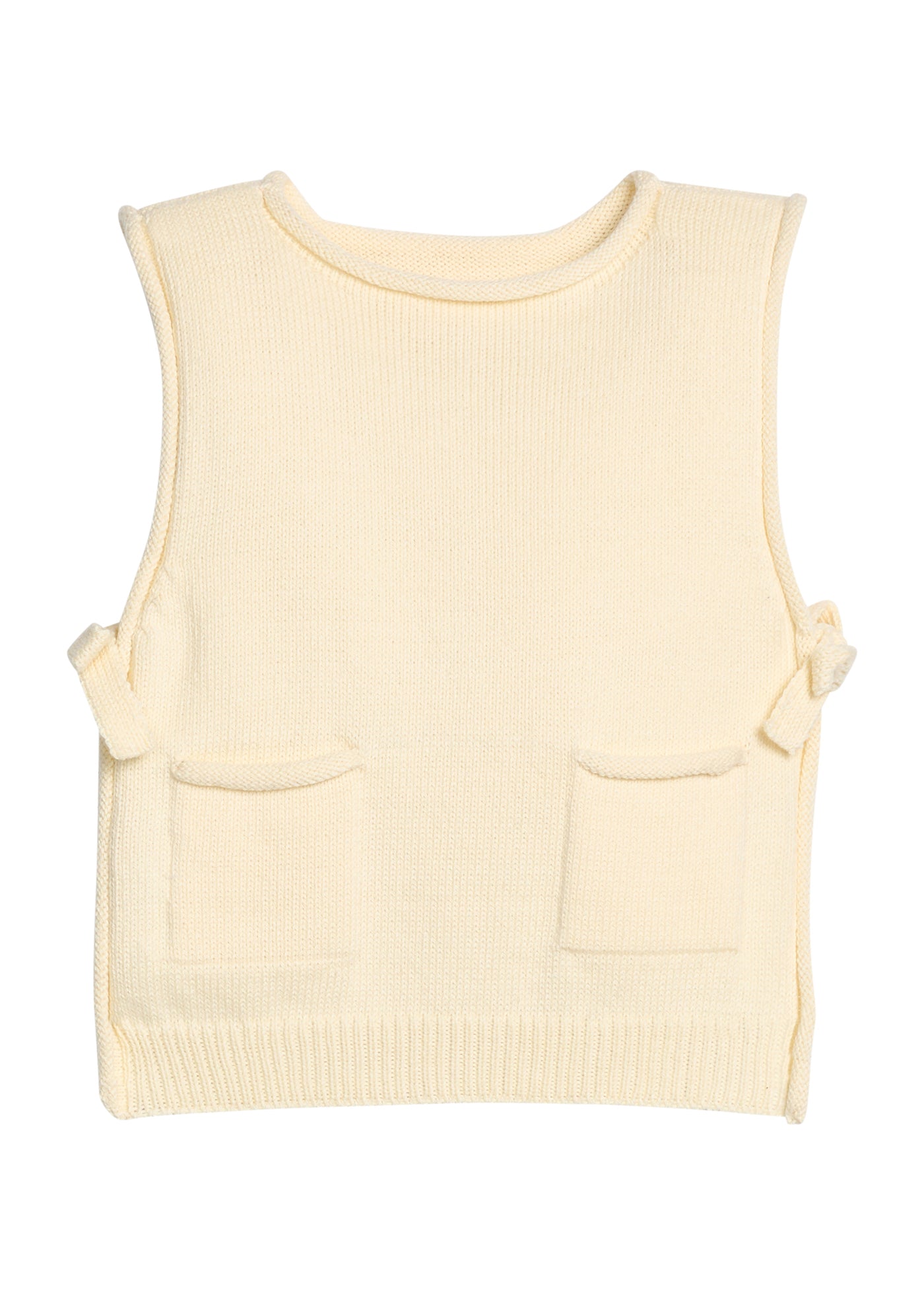 Cream-colored knit vest with two front pockets on a white background