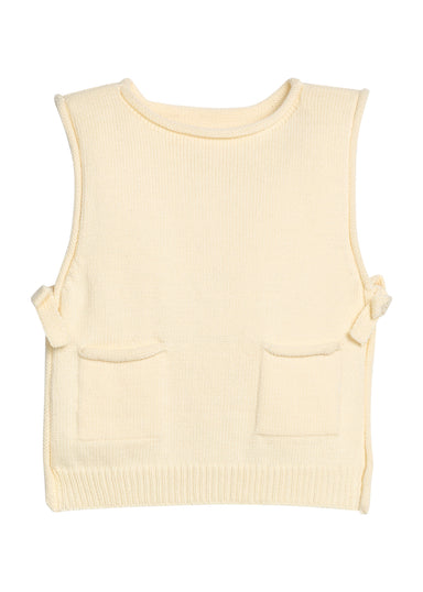 Cream-colored knit vest with two front pockets on a white background