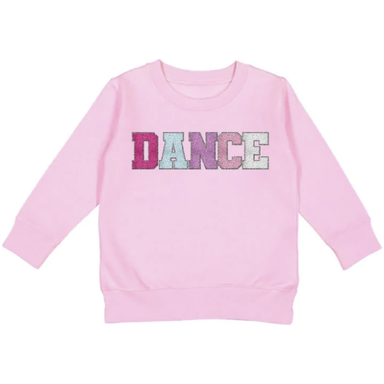 light pink crew neck sweatshirt with varsity letters spelling "DANCE"