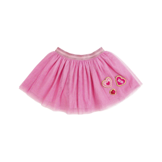pink tutu with 3 chenille heart patches on the bottom left