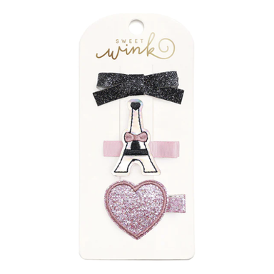 hair clip set with glitter bow, heart and eiffel tower
