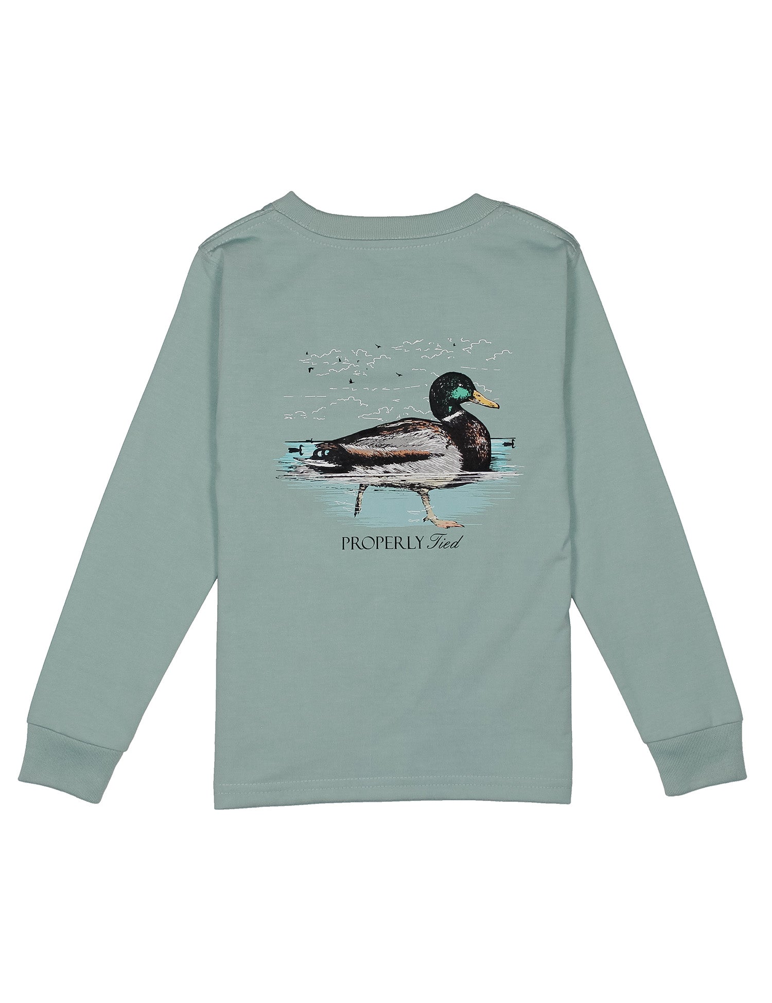 Long sleeve green tee with a swimming mallard design on the back