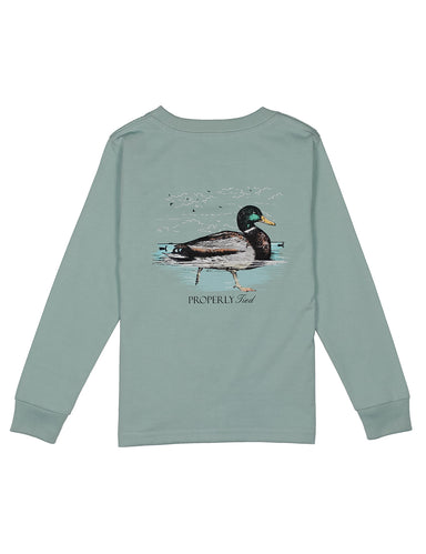 Long sleeve green tee with a swimming mallard design on the back