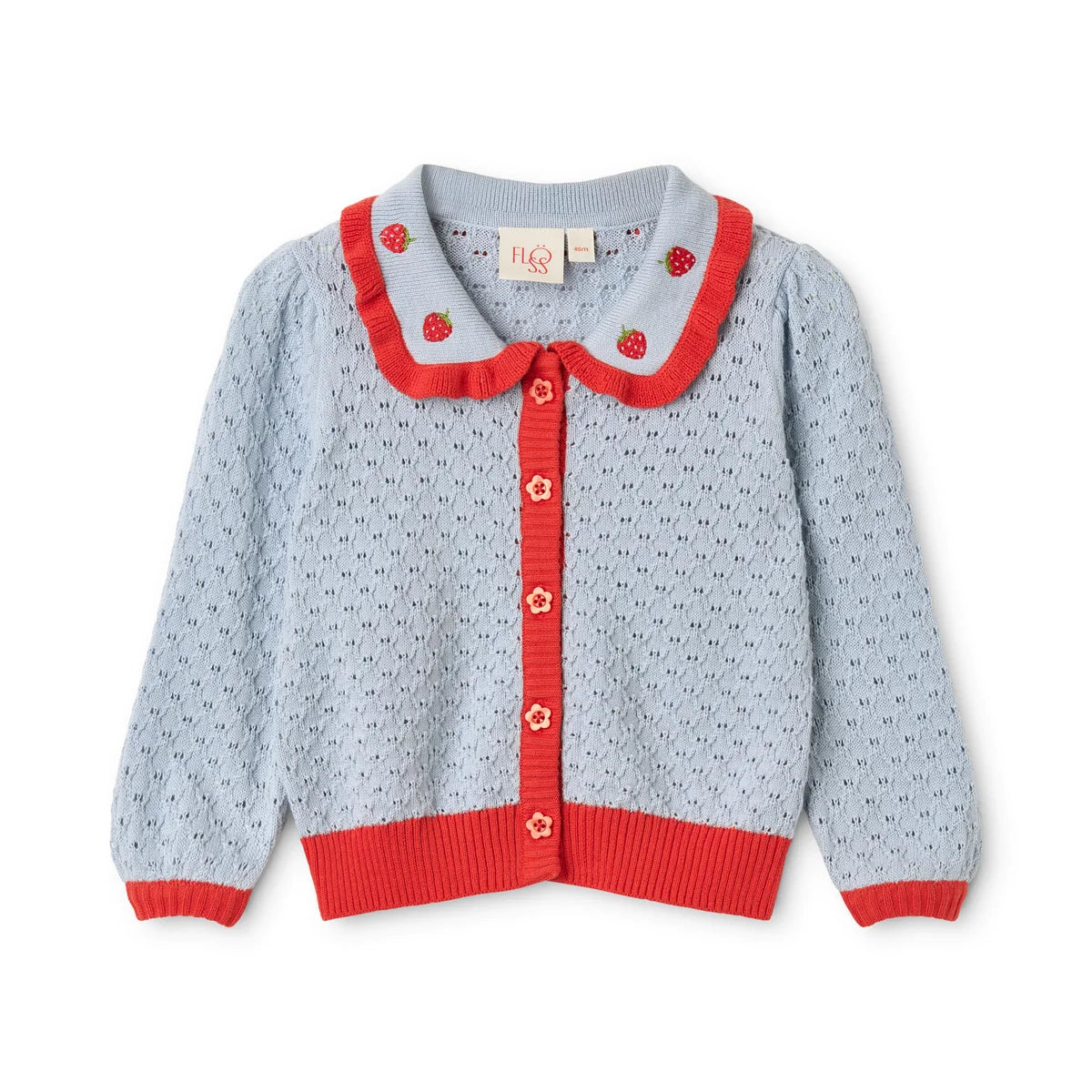 A light blue knit cardigan sweater for toddlers, featuring a red ruffled Peter Pan collar decorated with embroidered strawberries, a red button-up front with cream buttons, and a red ribbed hem and cuffs.