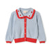 A light blue knit cardigan sweater for toddlers, featuring a red ruffled Peter Pan collar decorated with embroidered strawberries, a red button-up front with cream buttons, and a red ribbed hem and cuffs.