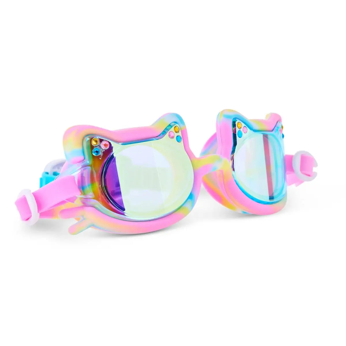 Colorful cat-themed swim goggles on a white background