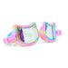 Colorful cat-themed swim goggles on a white background