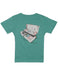 Teal t-shirt with a graphic of a record player and records on the back, on a white background.