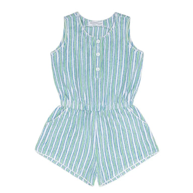 Green and white striped romper on a white background
