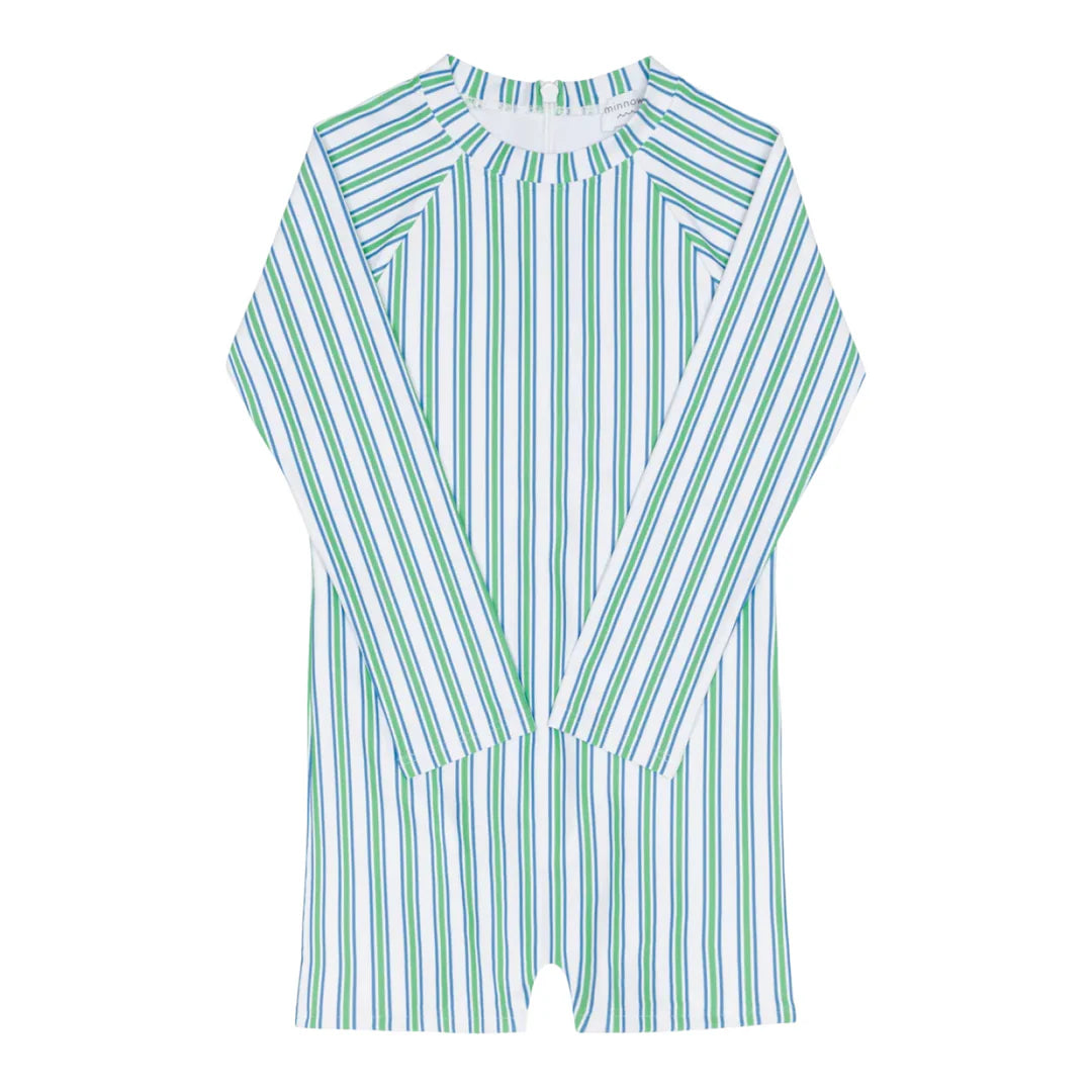 Green and white striped romper on a white background