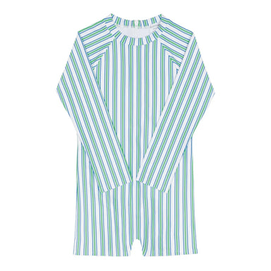 Green and white striped romper on a white background